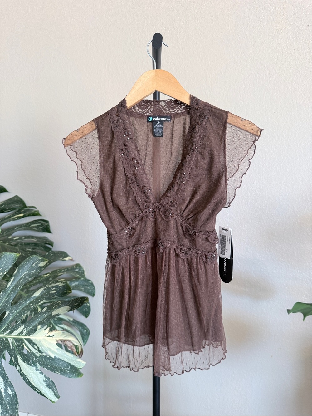 Vintage Deadstoxk Brown Sheer Lace Flutter Sleeve Blouse babydoll